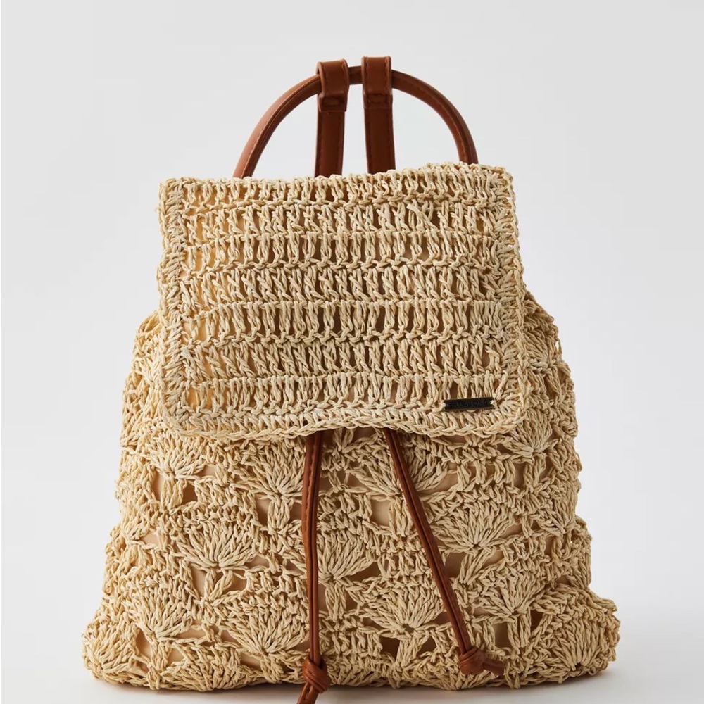 Billabong Beige Woven Straw Backpack with Brown Straps